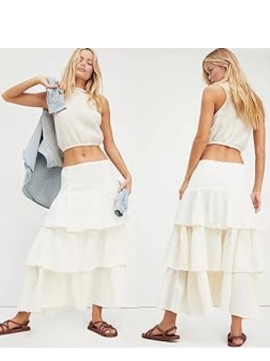 Free People Dresses & Skirts - Free People Cream Can’t stop the Spring Tiered maxi skirt Small